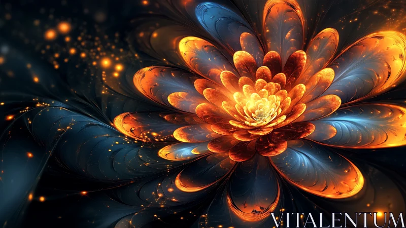 Glowing fractal flower opens in swirling blue and amber light