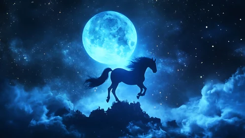 Lunar backlit equine silhouette over volumetric nebular cloudscape.