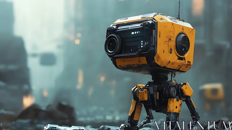 Boxy yellow scout robot surveys misty futuristic ruins.