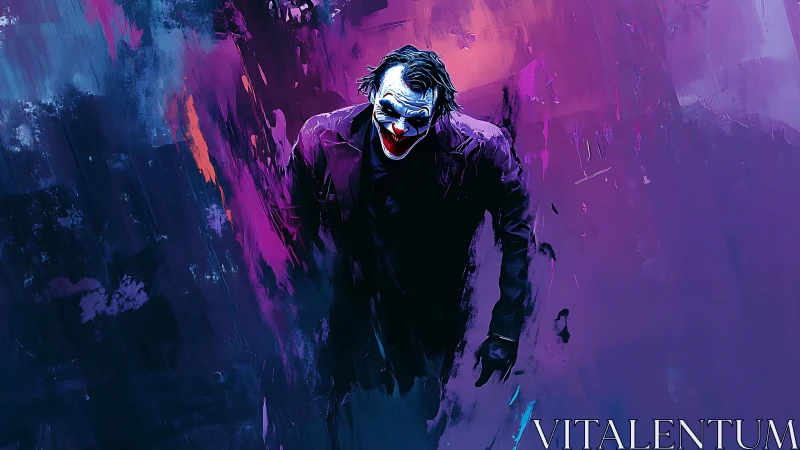 Painted sinister clown in neon chaos abstraction.