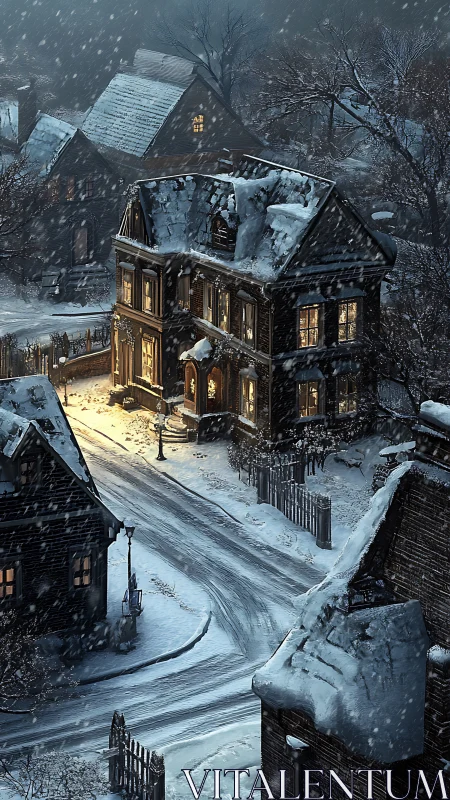 Snowy Victorian street with warmly lit corner house at night.