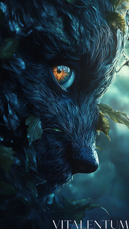 Close view of luminous eyed wolf-like creature in foliage