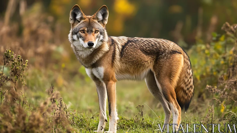 Golden coyote poised in autumn meadow, alert and luminous.