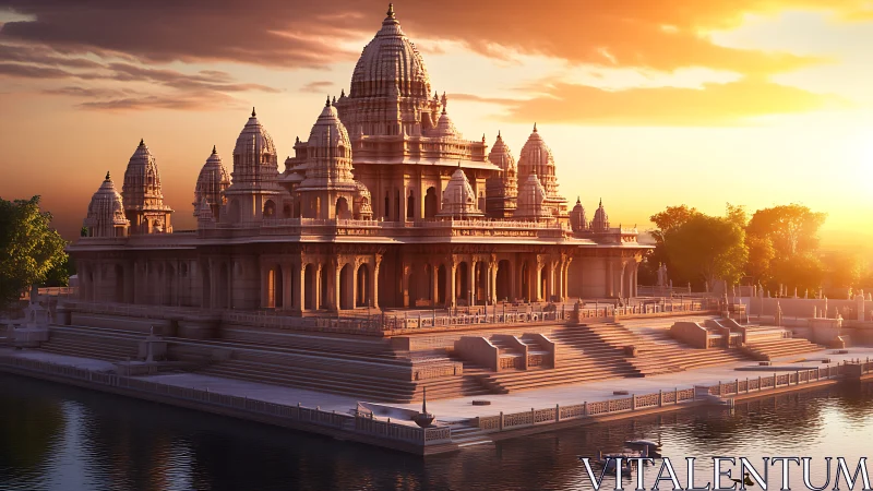 Sunlit riverside temple glows in serene golden twilight.