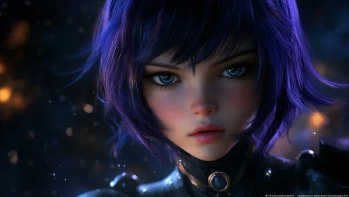 Star-eyed cyber heroine studies the burning distant skyline