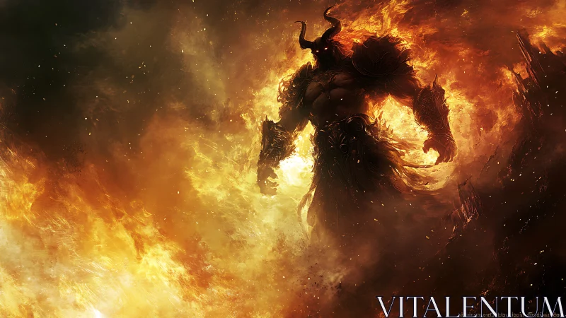 Fiery horned warrior strides boldly through swirling flames