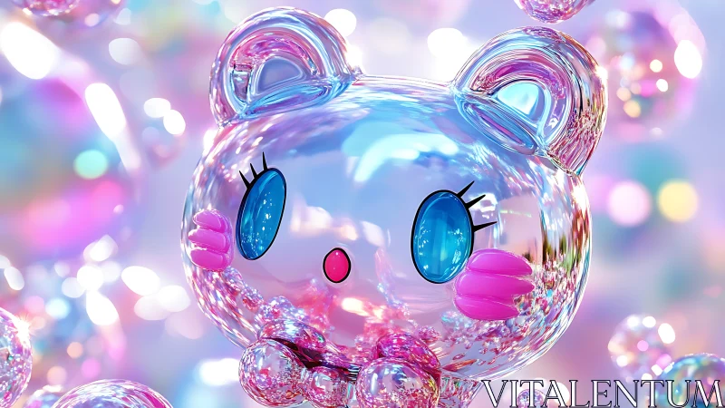 3D iridescent bubble mascot with kawaii chromatic detailing.