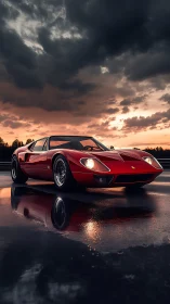 Sunset reflections with a classic red sports car glow.