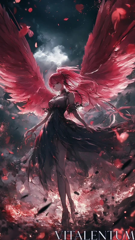 Red winged angelic figure in dark swirling storm scene.