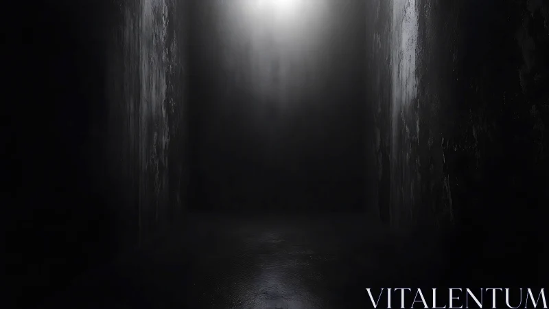 Narrow dark corridor with single overhead light source.