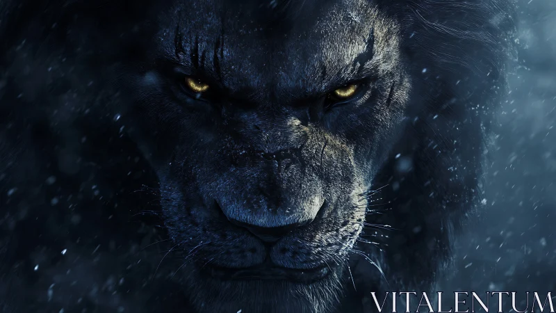 Midnight lion gaze glowing through swirling winter storm.
