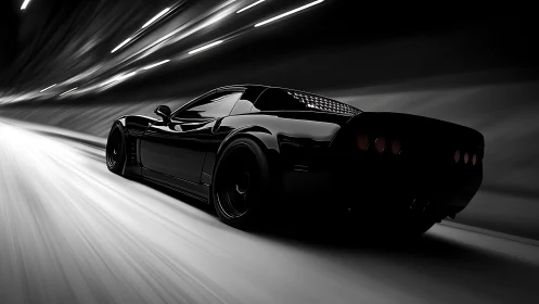 Black sports car in motion through illuminated tunnel.