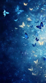 Blue butterflies in glowing night sky abstraction.