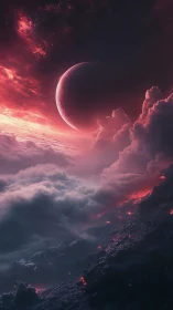 Crimson planet above storm clouds and volcanic ridge.