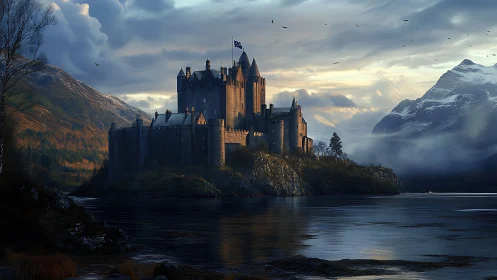 Stormlit highland castle brooding above a silver misted loch.