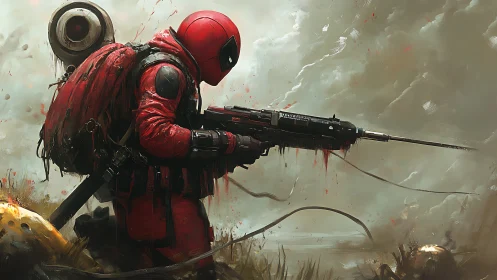 Red-armored figure with rifle in foggy, debris-strewn field.