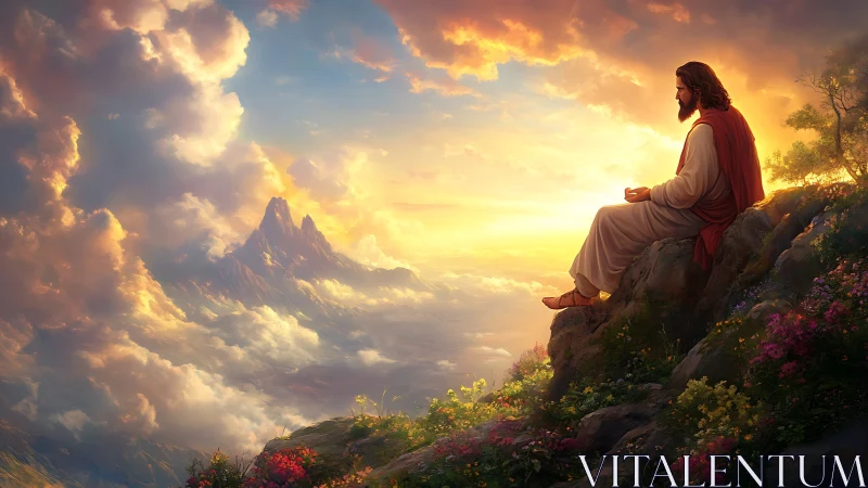 Contemplative robed figure on cliff at radiant cloudscape dawn