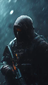 Hooded tactical soldier emerging under cold neon rain.