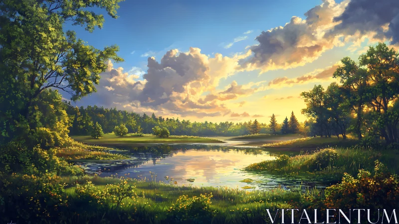 Golden evening light over a peaceful lakeside meadow.