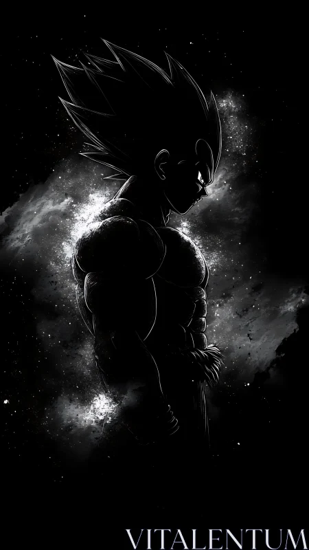 Silhouetted spiky haired warrior in monochrome space field.