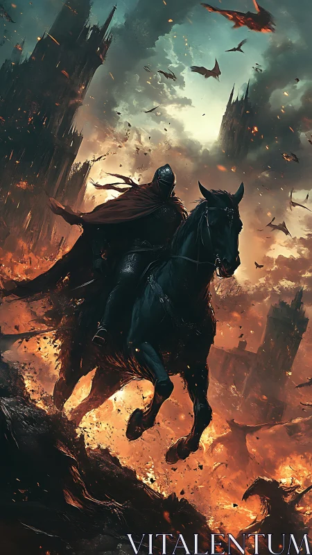 Dark knight rides through infernal ruined citadel blaze.