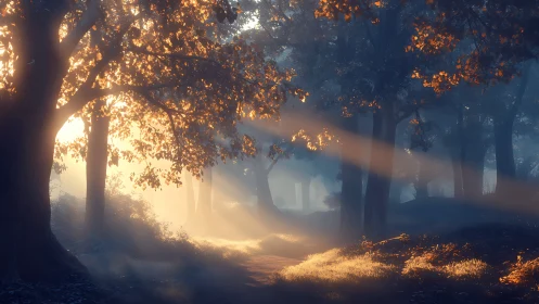 Golden Light Through Misty Forest Dawn.