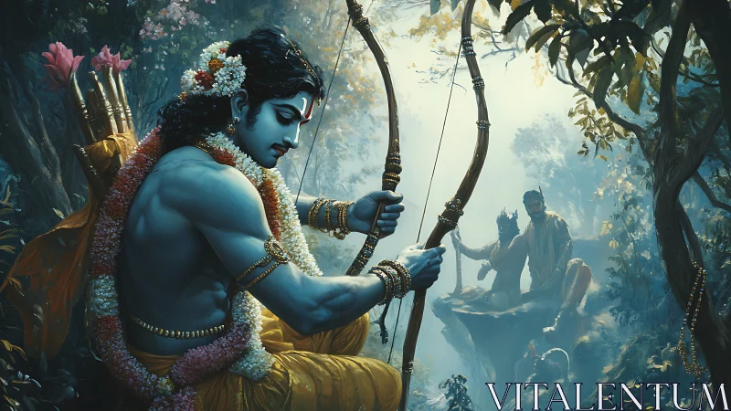 Blue-skinned archer in forest setting with distant figures.