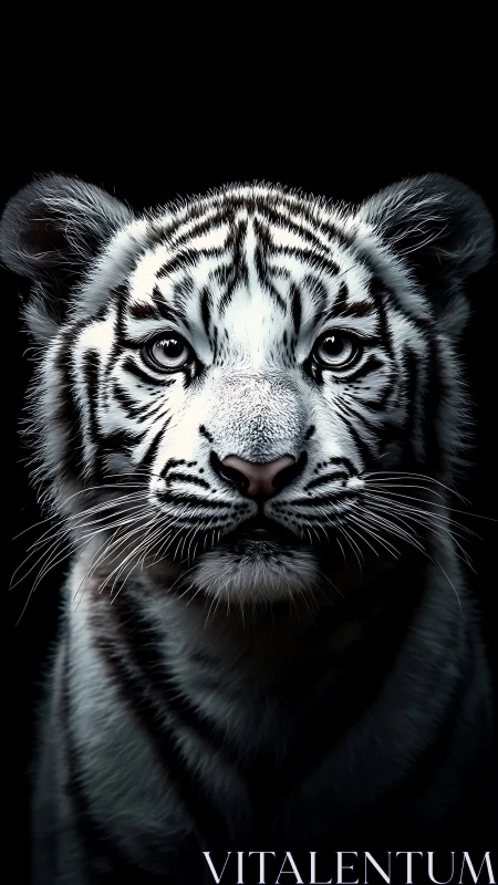 White tiger cub portrait glows against deep black background