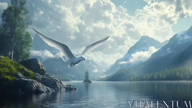 Digital seabird crosses alpine lake beneath layered clouds