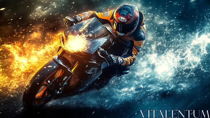 Motorcyclist leans into turn with stylized fire and water effects