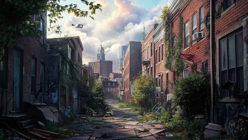 Overgrown city alleyway quietly reclaims a forgotten street