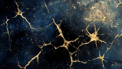 Golden fractures glow across deep midnight blue marble