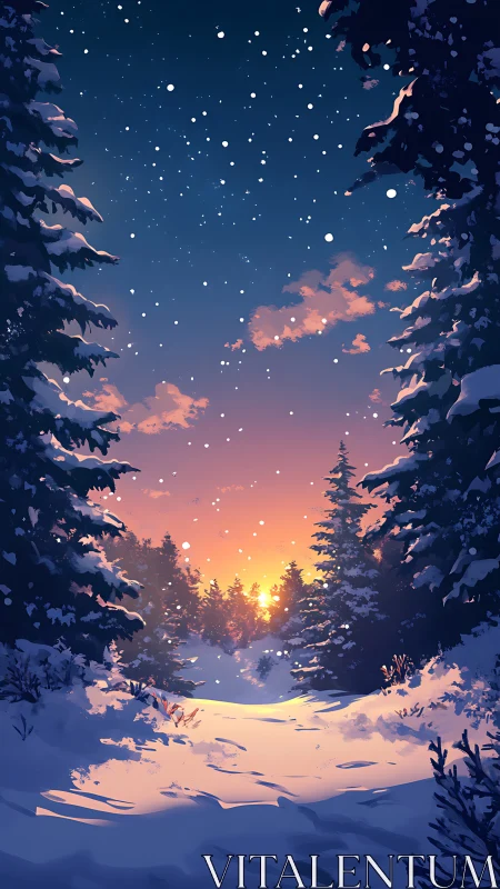 Snowy evergreen forest path under blazing winter sunset.