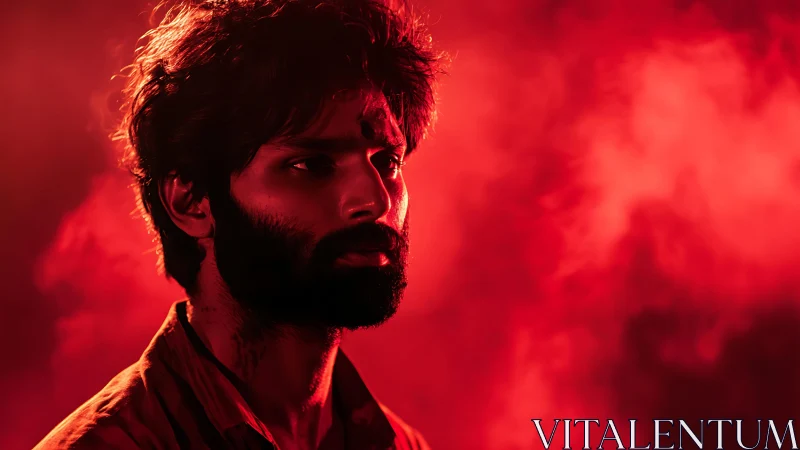 Cinematic low key portrait in red atmospheric backlighting.