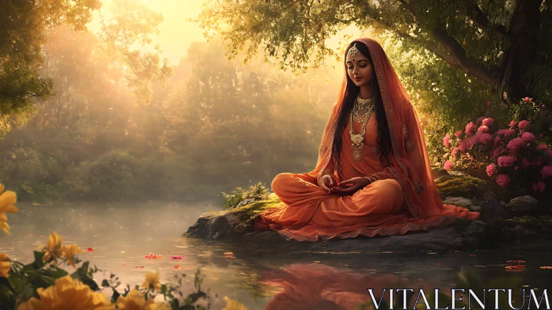 Woman in traditional attire meditates beside reflective water