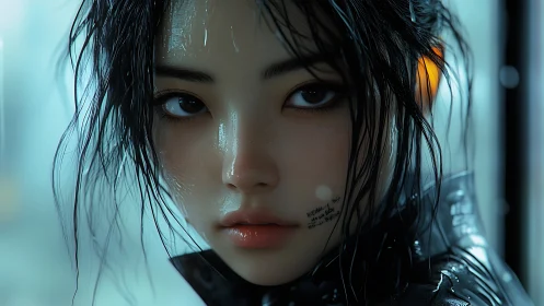 Cyberpunk portrait with rain-soaked heroine in teal bokeh focus.