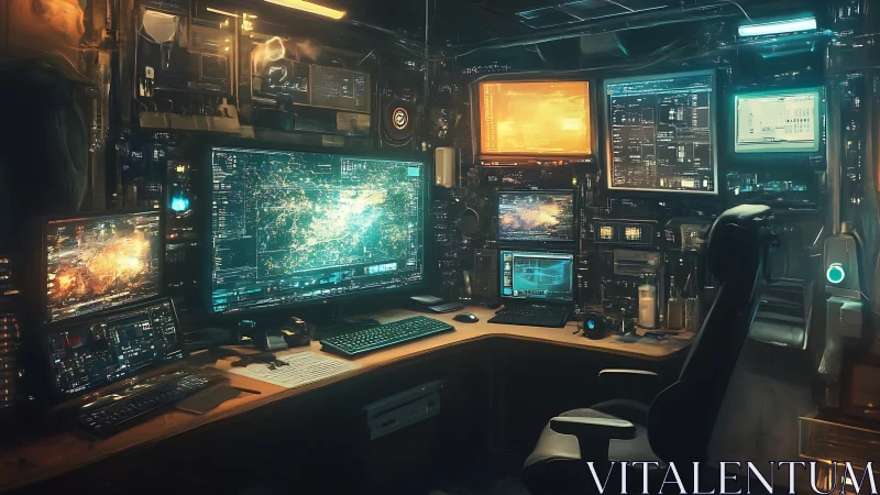 Cyber operations command desk with multi-screen telemetry grid.