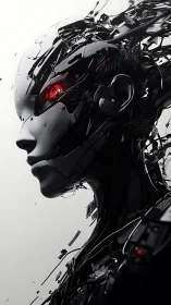 Fragmented black humanoid android head with red optical elements.