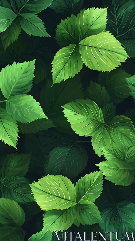 Layered green foliage rendered with high-contrast digital shading