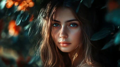 Cinematic digital portrait isolates a young woman in foliage