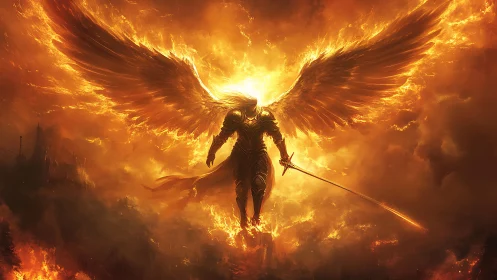 Winged armored figure in fiery sky with luminous sword.