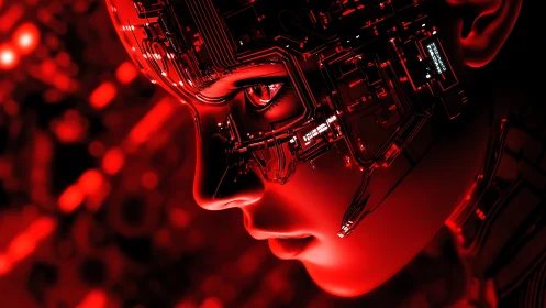 Luminous cybernetic face glowing softly in vivid red light.