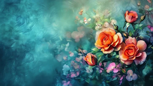 Orange roses bloom against turquoise water swirls