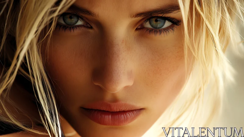 Sunlit blue gaze framed by tousled blonde summer hair.