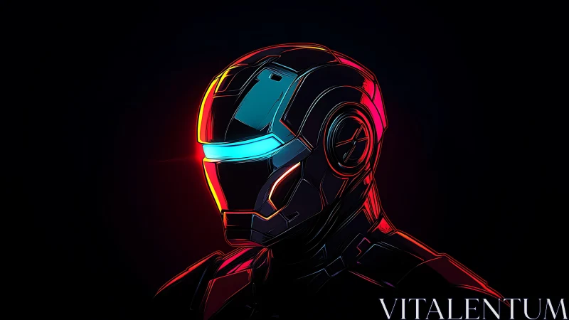 Neon cyber armor portrait with glowing visor highlights.