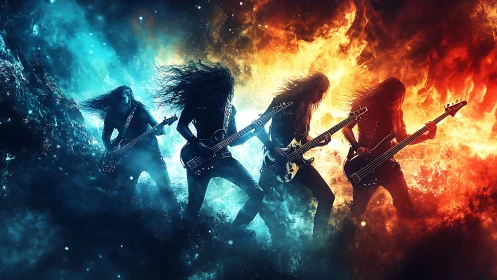 Dual-spectrum metal band framed by high-contrast fire and ice fields