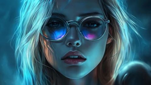 Neon lit portrait of blonde woman with reflective glasses.