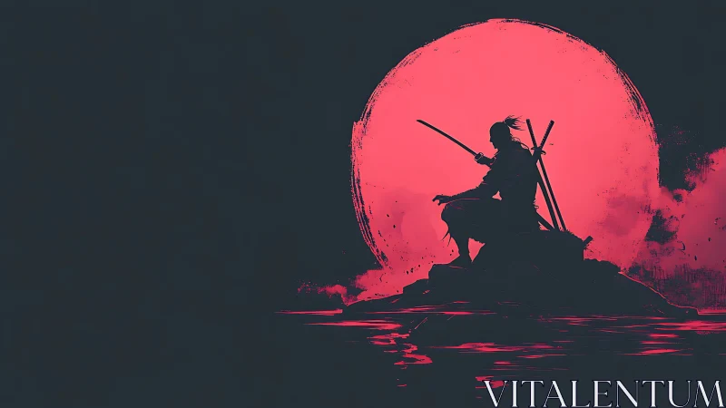 Silhouette of armed figure is positioned before large red sun