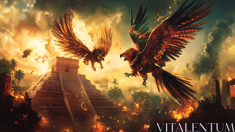 Giant flaming birds attacking temple in burning jungle city.