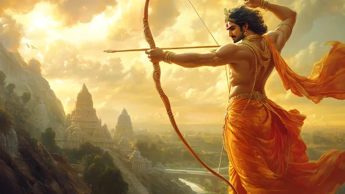 Archer deity poised above golden temples at sunrise